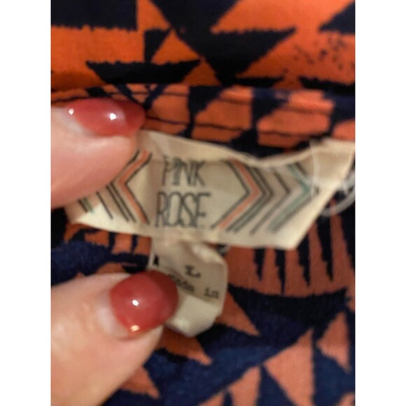 Pink Rose Top Womens Blouse Size Large  Short Sleeve Zipper Back Orange Navy - Picture 7 of 9